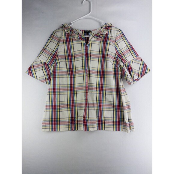 NWT $80 Talbots Blouse Womens LP Plaid V‎ Neck Ruffle Tunic Nylon Blend - Picture 1 of 8